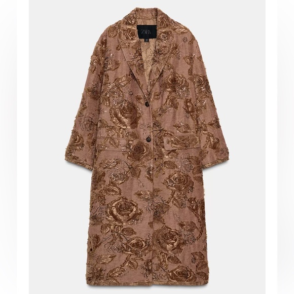NWT Zara Limited Edition Floral Embroidered Long coat light Brown Sz M - Picture 9 of 17